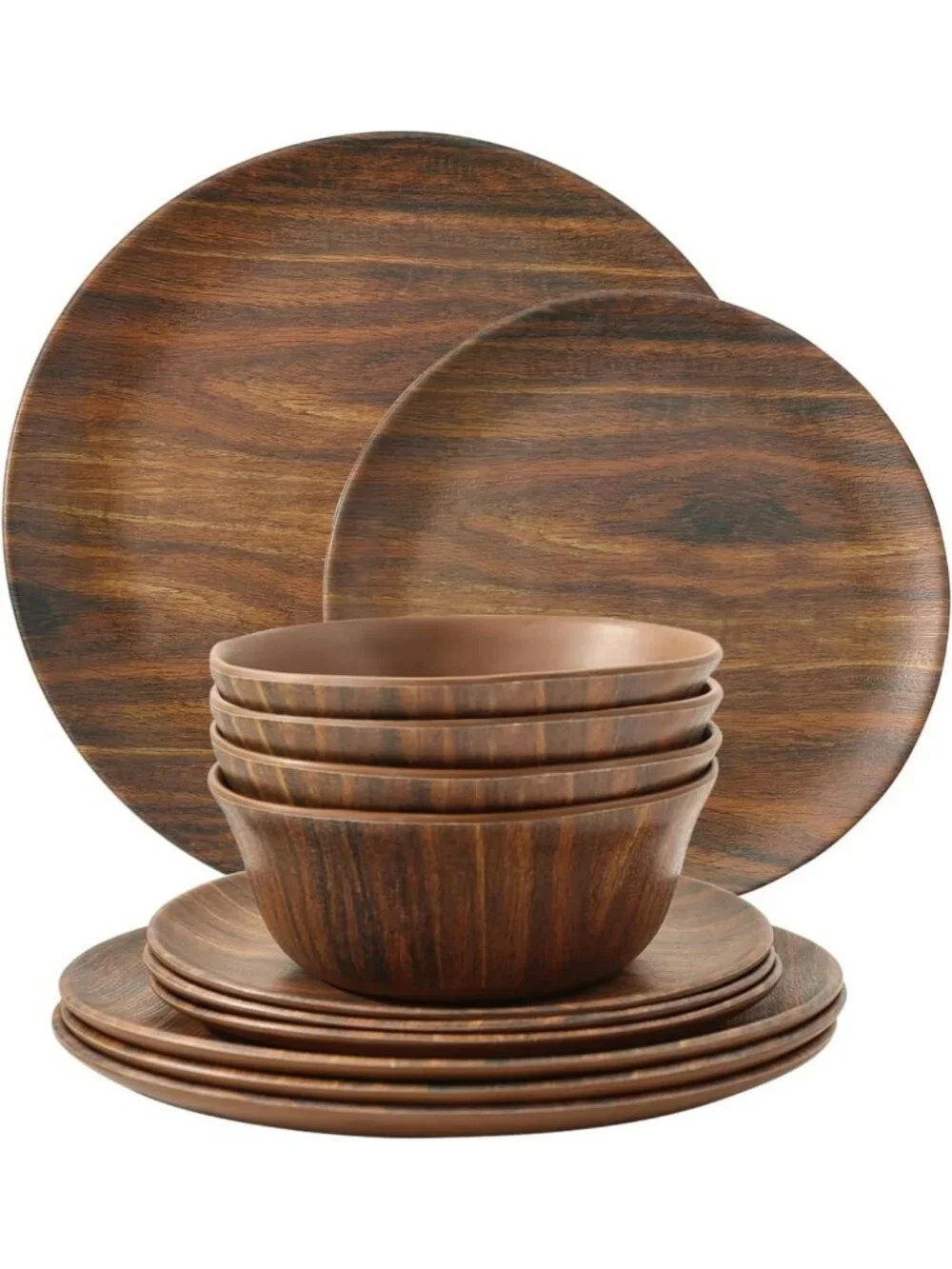 Stylish 12-Piece Melamine Dinnerware Set for 4, Wood Grain Design, Durable
